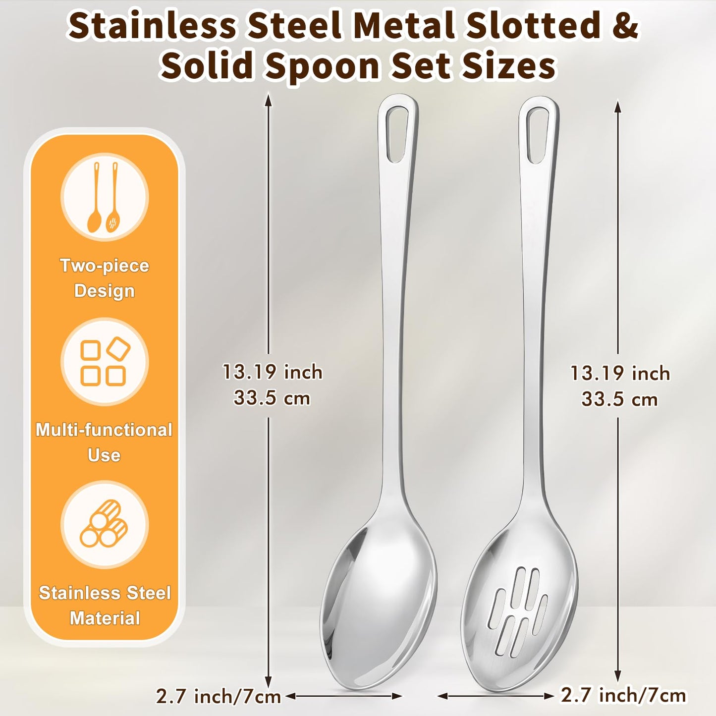 2 Pcs Stainless Steel Cooking Spoons Set, Solid & Slotted Metal Serving Spoons, Heavy Duty Sturdy Large Soup Ladle, High Heat Resistant Kitchen Cooking Utensils for Mixing, Stirring, Easy to Clean