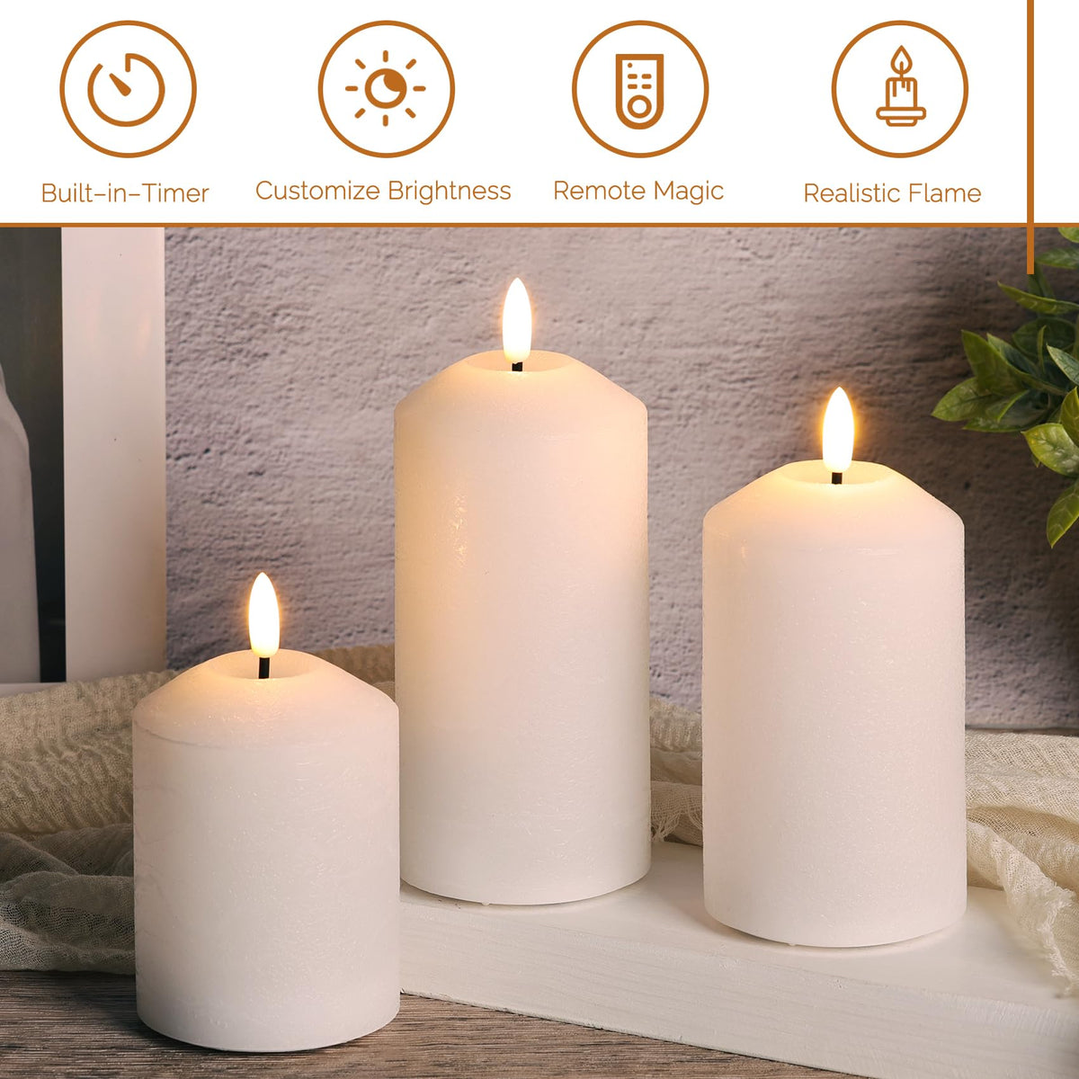 Girimax White Flameless Pillar Candles with Remote, Real Wax LED Candles Battery Powered Flickering Set of 3