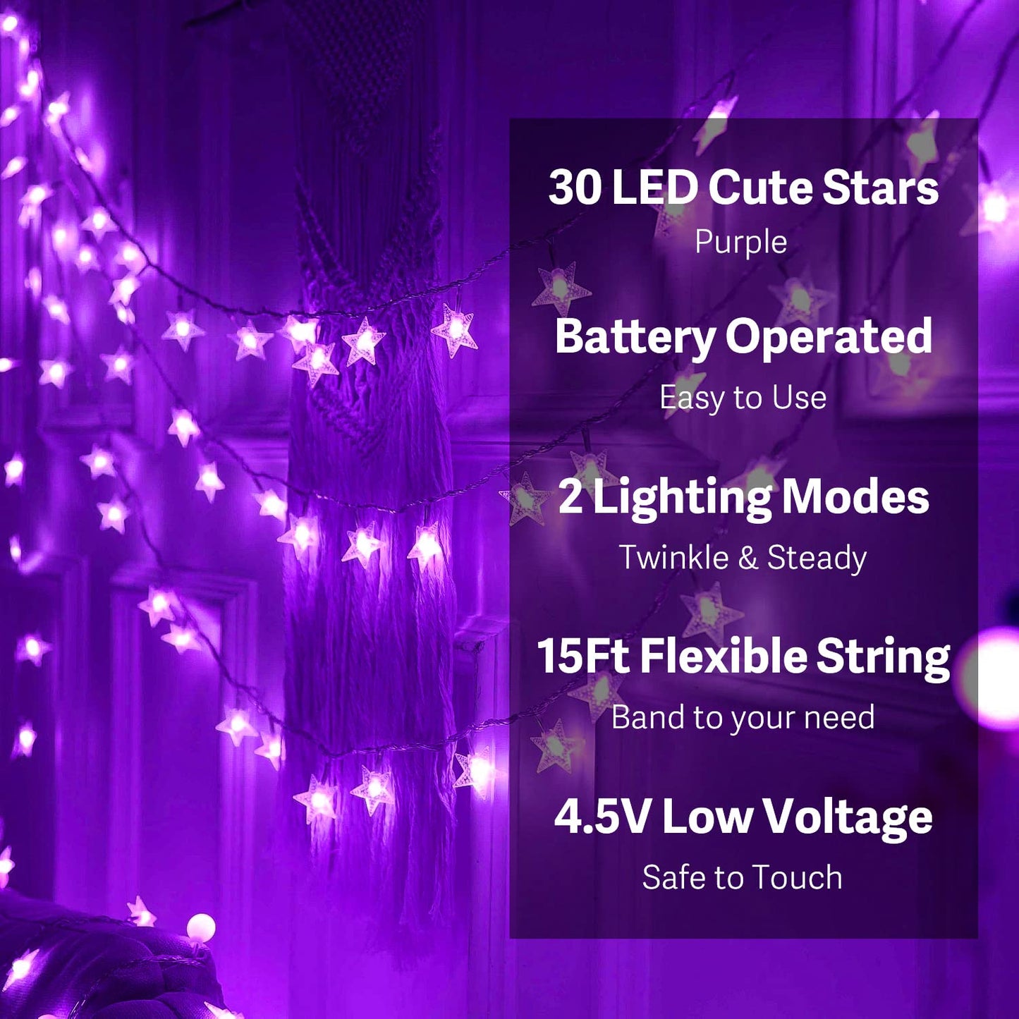 ITICdecor Star Lights 15 FT 30 LED Battery Operated Indoor&Outdoor Twinkle Fairy String Lights for Xmas Tree (Purple)