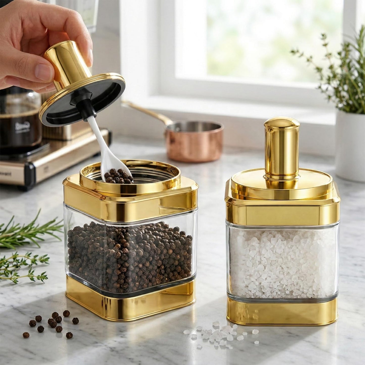 KongTiva 2 Pcs Glass Condiment Pot, Gold Spice Jars with Lids and Spoons Glass Condiment Containers Seasoning Pot Set Salt Box Sugar Dispenser for Kitchen Dining Room Counter Flour Sugar