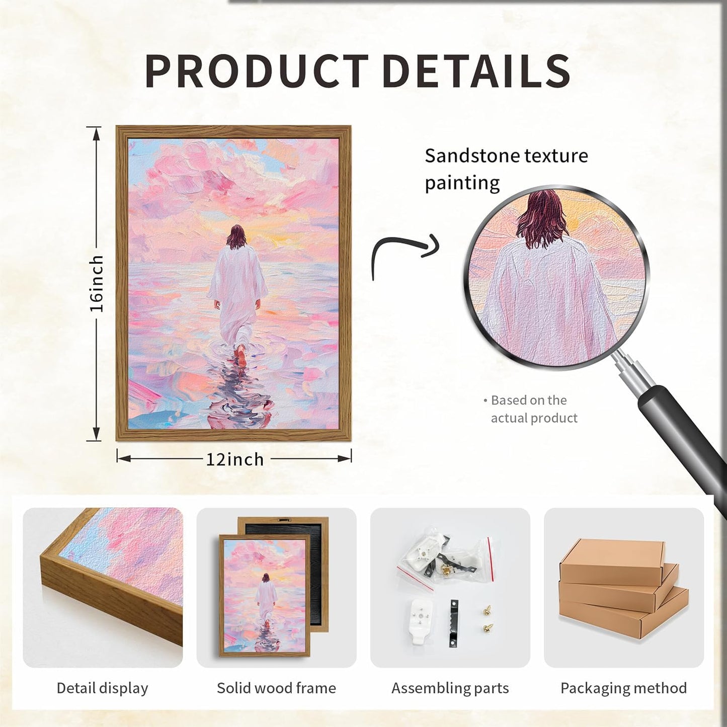 Pink Jesus Walking On Water Wall Art, Frame 3D Textured Hand Drawn Sandstone Christian Wall Decor Paintings Religious Savior Pictures for Living Prayer Room Bedroom, 12x16 in Wood Framed