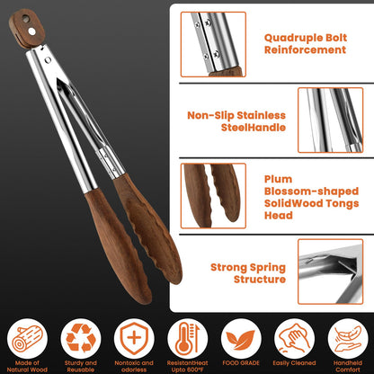 Wooden Tongs for Cooking Set of 3-7, 9, 12 inch Natural Walnut Kitchen Tongs with Stainless Steel, Heat Resistant Non-Scratch Utensils for Grilling, Serving, Salad, BBQ