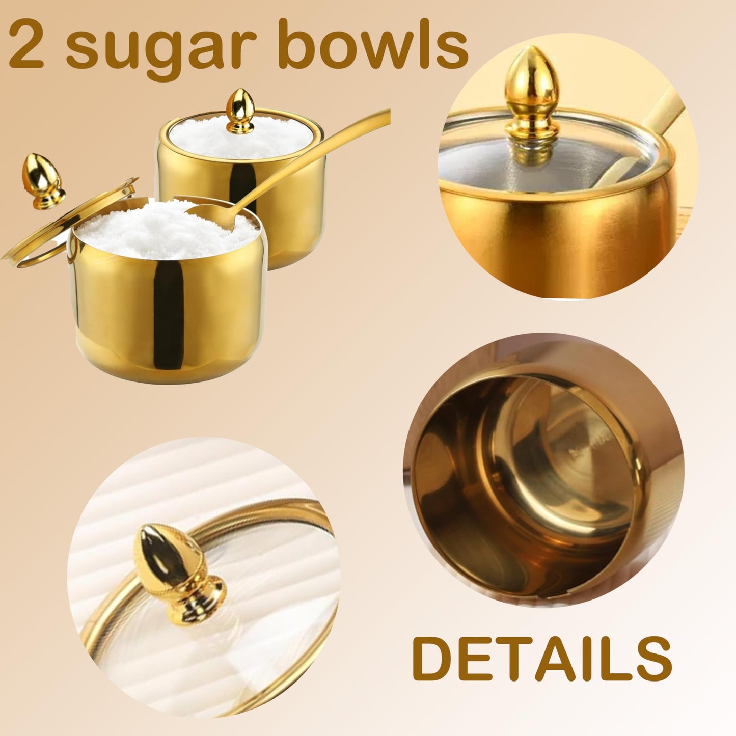 10oz Sugar Bowl 2-Pack with Lid|Gold coffee bar sugar container, includes 2 stainless steel canisters with clear lids. This Suitable for kitchen countertop, seasoning storage, and stylish home decor.