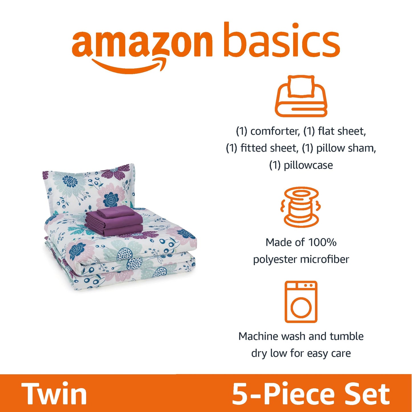 Amazon Basics 5-Piece Soft, Easy-Wash Microfiber Kid's Bed-in-a-Bag Bedding Set with Sheet and Comforter, Twin, Bluish Flowers