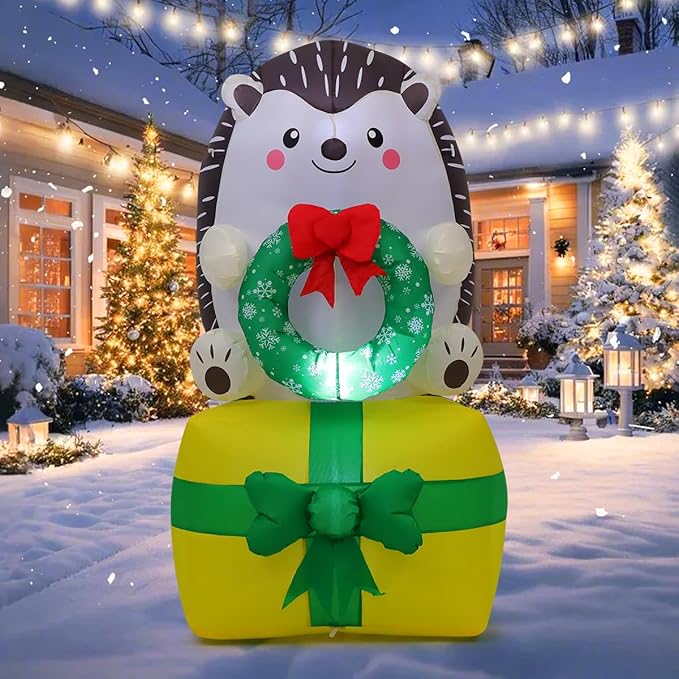 COMIN 5 FT Christmas Inflatables Outdoor Decorations Inflatable Hedgehog On Present Christmas Box Blow Ups with Built-in LEDs for Yard Party Lawn Decor