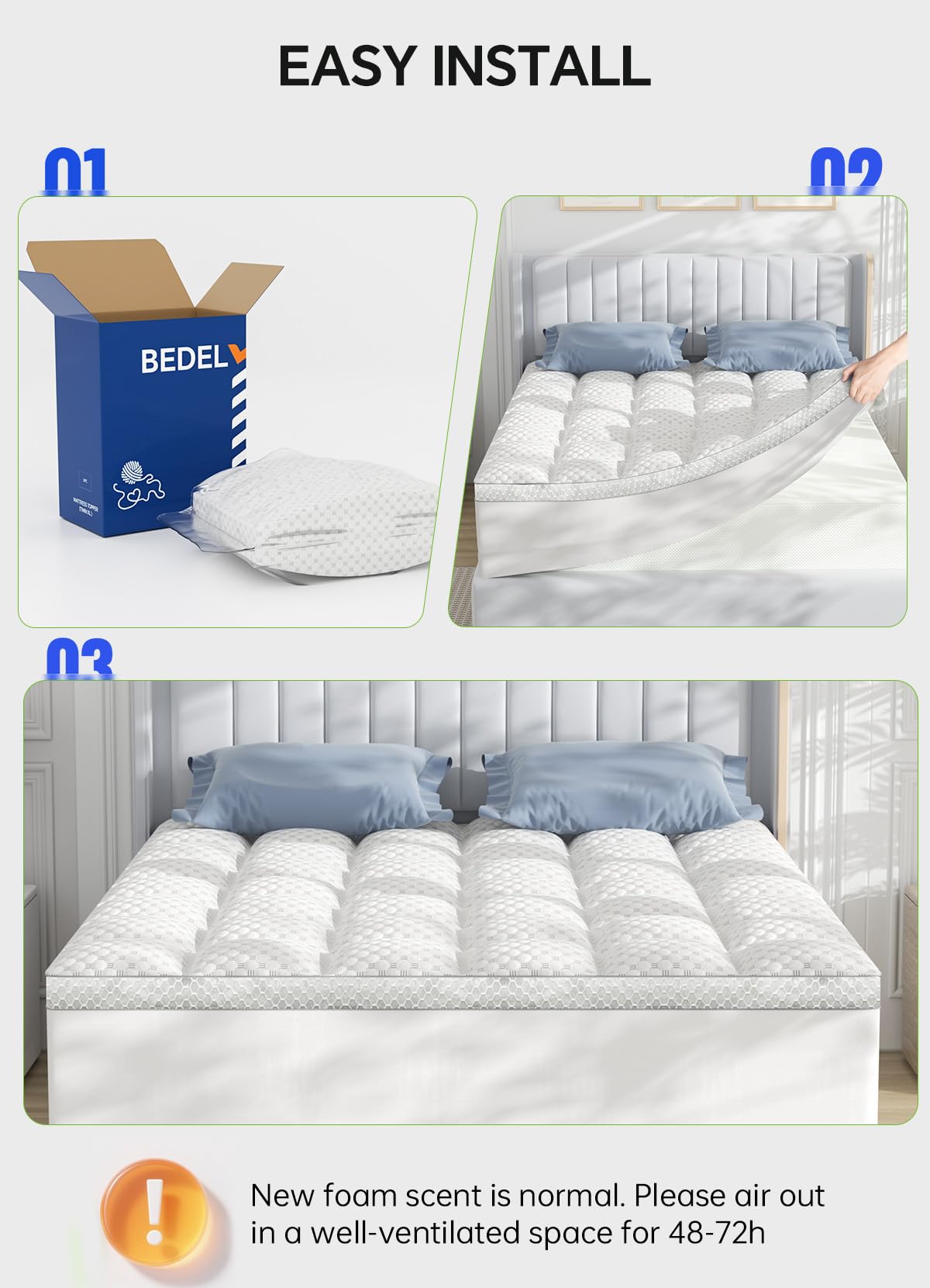 BEDELITE Queen Mattress Topper 3 Inch Thick Mattress Pad, Plush Pillow Top Bed Cover with Elastic Deep Pockets Up to 6-24 Inch for Pressure Relief, Shredded Memory Foam Filling (White)