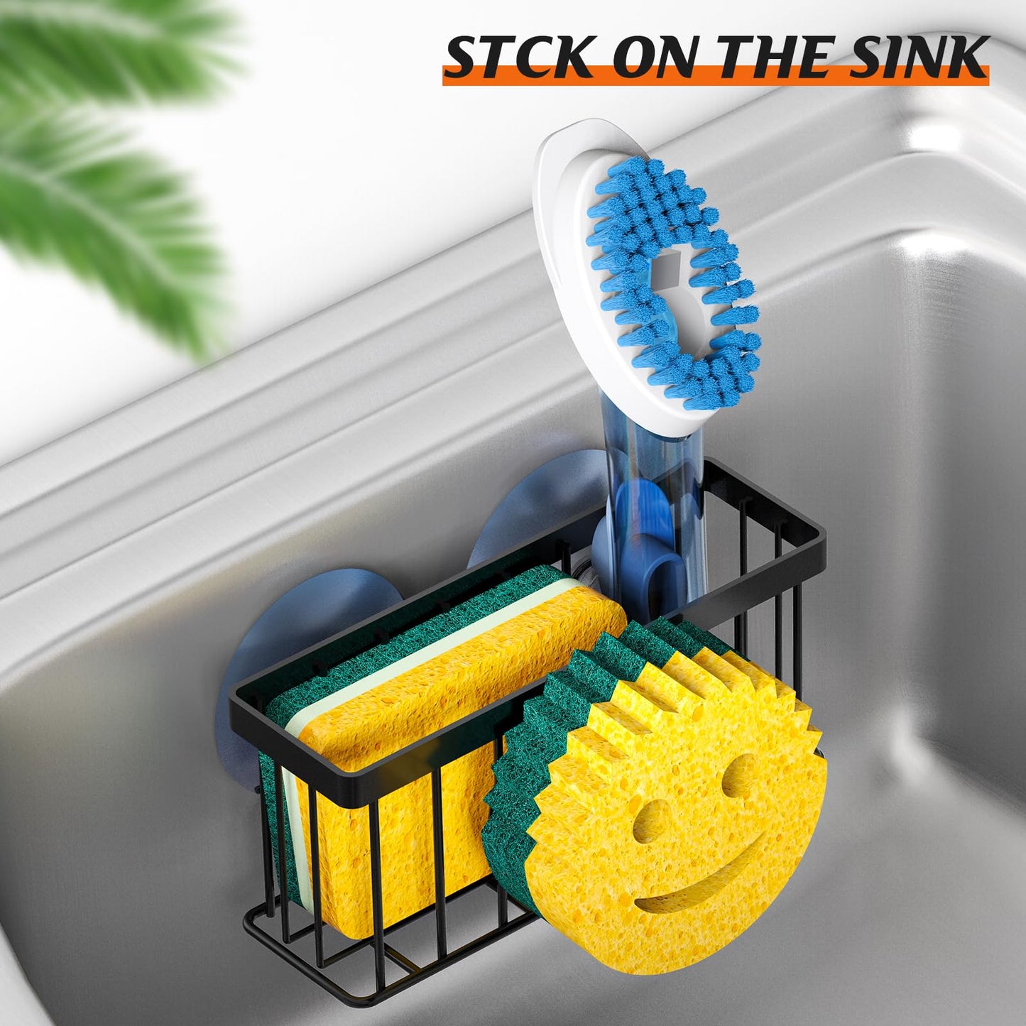MURLONG Sponge Holder Smiley Face,Sink Caddy,Sink Organizer with 2 Suction Cups/1 Adhesive Strips,Designed for Sponge,Soap,Dish Brush,Scrubber - Black