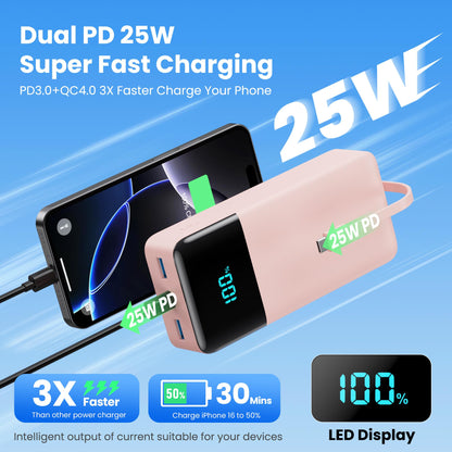 Portable Charger 50800mAh Power Bank with 3 Built in Cables,25W PD QC4.0 Fast Charging USB C Battery Pack,6 Outputs 2 Inputs Travel Essentials Portable Phone Charger for iPhone 17/16/15,Google,Android