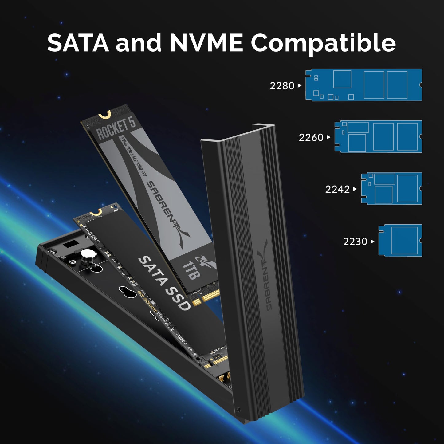 SABRENT M.2 NVMe Enclosure, Tool Free NVMe and SATA, 10Gbps External SSD Enclosure, Reusable Thermal Pad, Compatible with 2230 2242 2260 2280 (EC-SNVE)