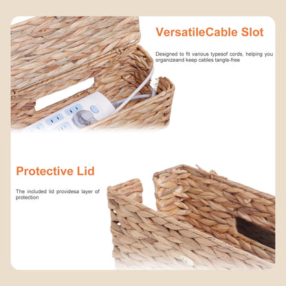 KWEEHAWTI Cable Management Box, Cord Hider Organizer Box with Lid 2-Pack,2 Side Open Slots Handwoven Water Hyacinth Storage Box for Power Strips, Floor, Desk, Office