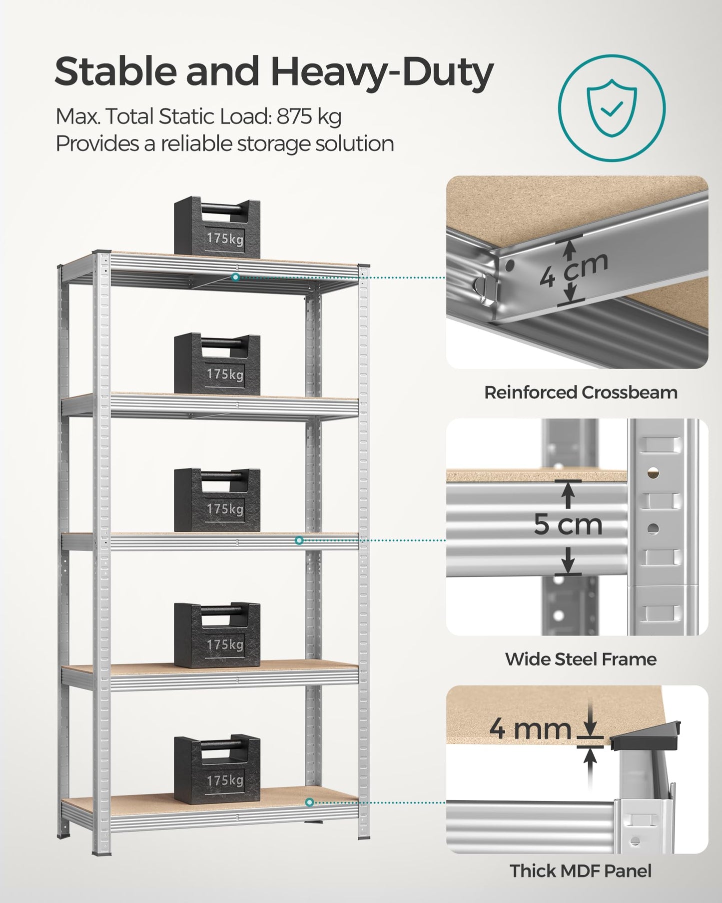 SONGMICS 5-Tier Heavy-Duty Shelving Units, Set of 2 Steel Shelving Units for Storage, Boltless Assembly, for Garage, Shed, Load Capacity 875 kg, 40 x 90 x 180 cm, Silver GLR040E02