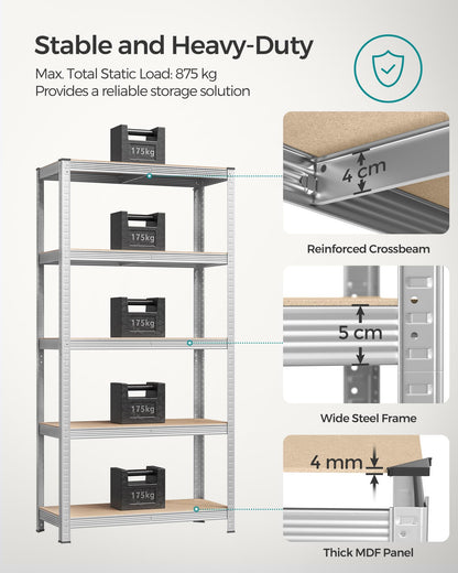 SONGMICS 5-Tier Heavy-Duty Shelving Units, Set of 2 Steel Shelving Units for Storage, Boltless Assembly, for Garage, Shed, Load Capacity 875 kg, 40 x 90 x 180 cm, Silver GLR040E02