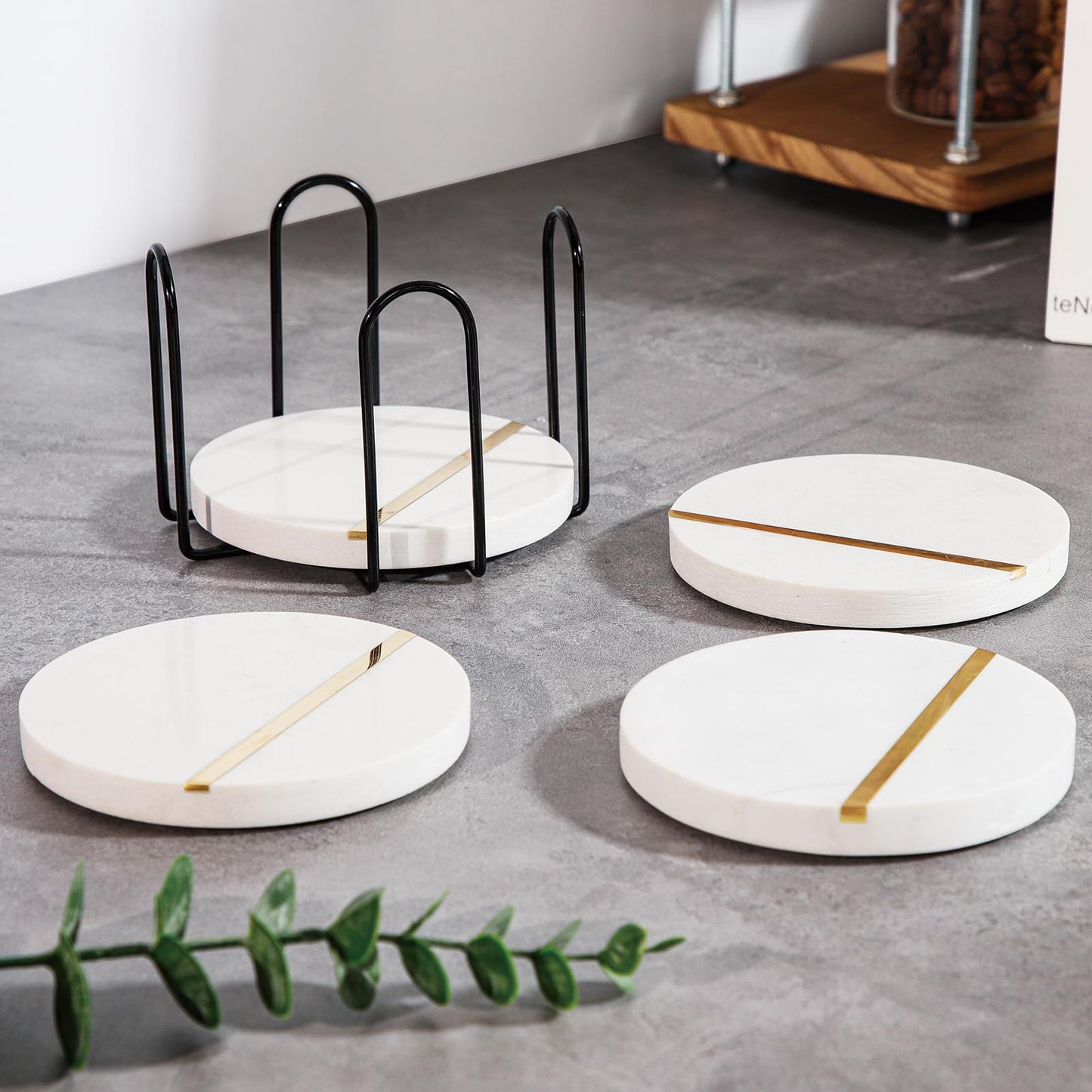 LiWiBet White Marble Coasters for Drinks with Holder Set of 4, Round Stone Coasters 3.94 Inches Elegant for Home Bar & Coffee Table Accessories Office Kitchen & Dining, Home Decor & Protection