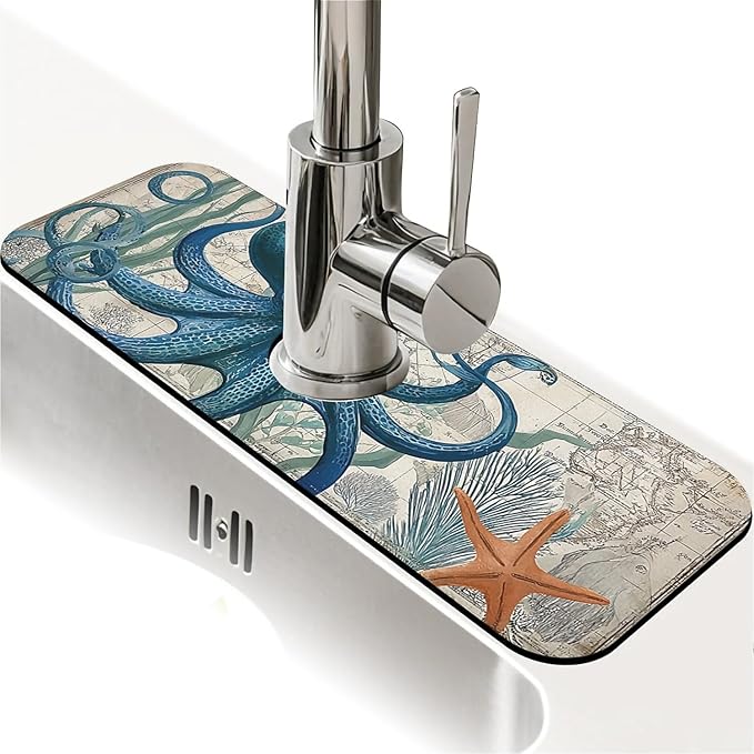 Kitchen Sink Splash Guard，Blue-octopus Faucet Mat Sink Gadgets-Super Absorbent