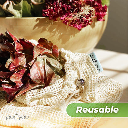 purifyou Set of 9 Reusable Produce Bags, Heavy Duty Washable Mesh Grocery Bag with Drawstring, Ideal for Farmers Market, Beach, and Refrigerator Storage (Extra Large, Large, Small)