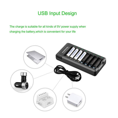 Rechargeable AA Batteries with Charger, POWEROWL 8 Pack of 2800mAh High Capacity Low Self Discharge Ni-MH Double A Batteries with Smart 8 Bay Battery Charger (USB Fast Charging, Independent Slot)