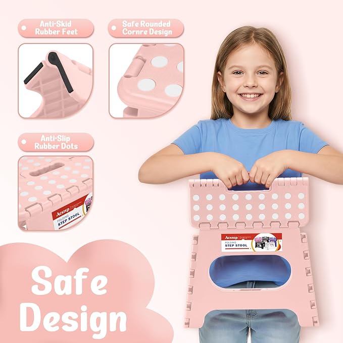 ACSTEP Folding Step Stool 11 Inch, Sturdy Plastic Foldable Step Stool for Kids & Adults, Non Slip Lightweight Collapsible Foot Stools Holds 300 lbs, Ideal for Kitchen, Bathroom, Bedroom, Light Pink
