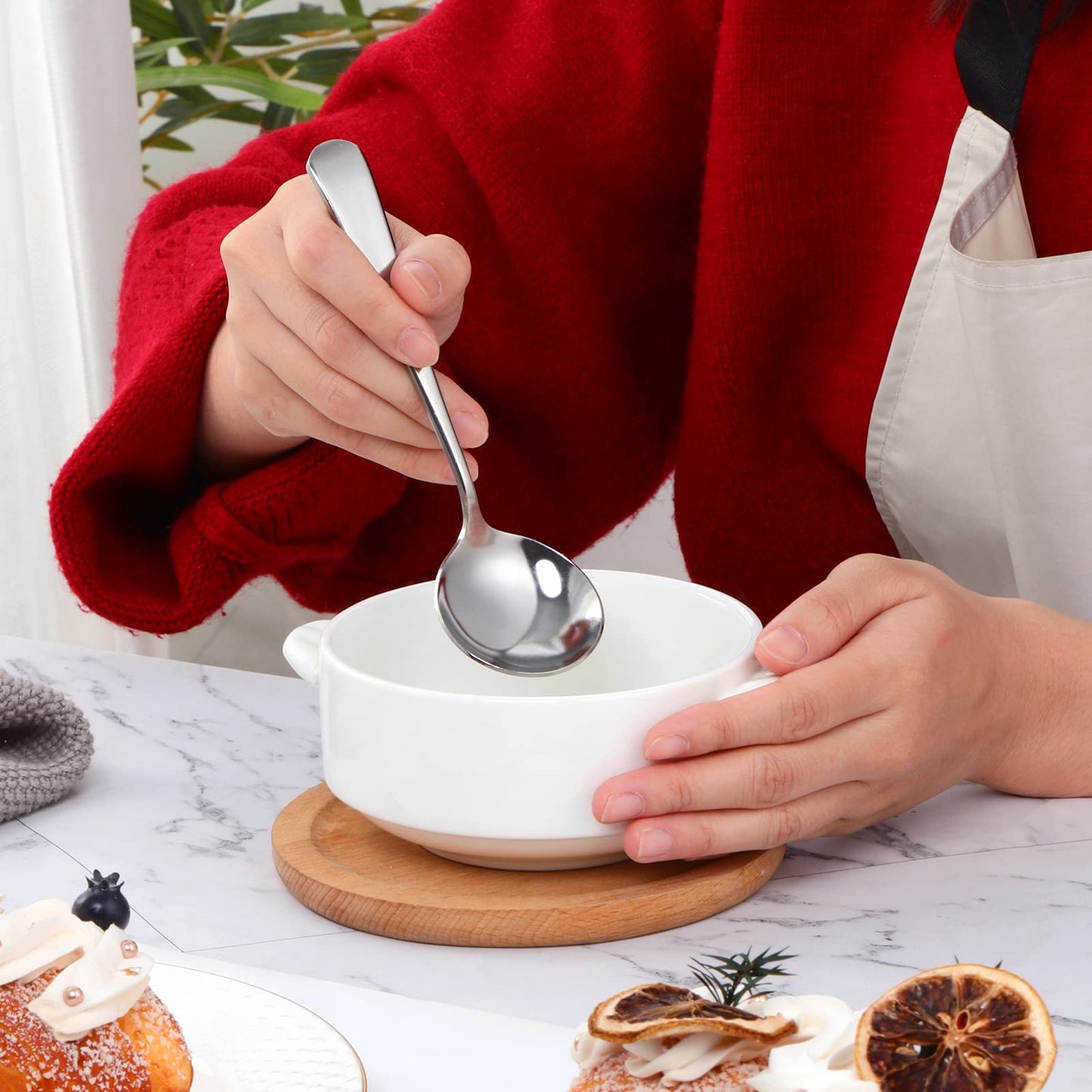 Broth Round Spoon Set, 12 Piece Reusable Stainless Steel Dinner Table Cereal Soup Spoon, Camping Ramen Spoons,Silver,dishwasher safe