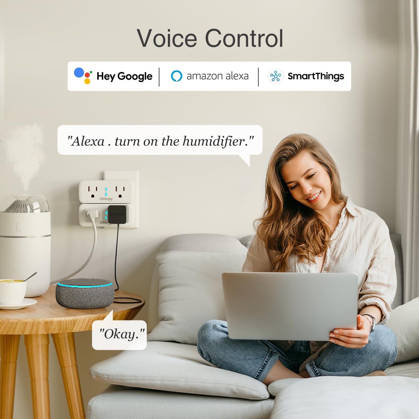 GHome Smart Plug, 15A WiFi Smart Outlet Compatible with Alexa & Google Home, Smart Surge Protector with Remote Control & Timer, Dual Sockets, No Hub Required, 2.4GHz WiFi Only, White, 2 Pack