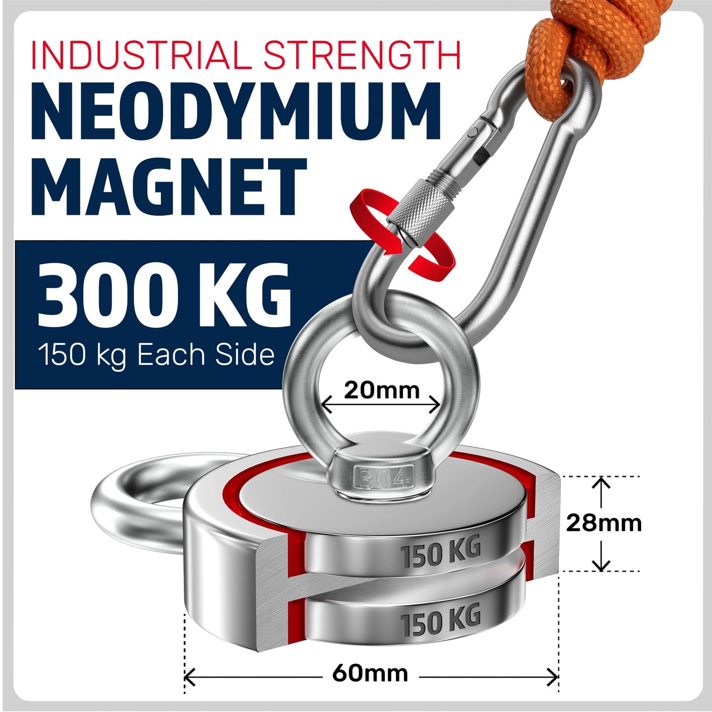MAGFISHION Magnet Fishing Kit - 300 KG (700lb) - Ø60mm - Super Strong Neodymium Magnet with Rope (20M), Carabiner, Gloves, Threadlocker - Magnetic Powerful Magnets