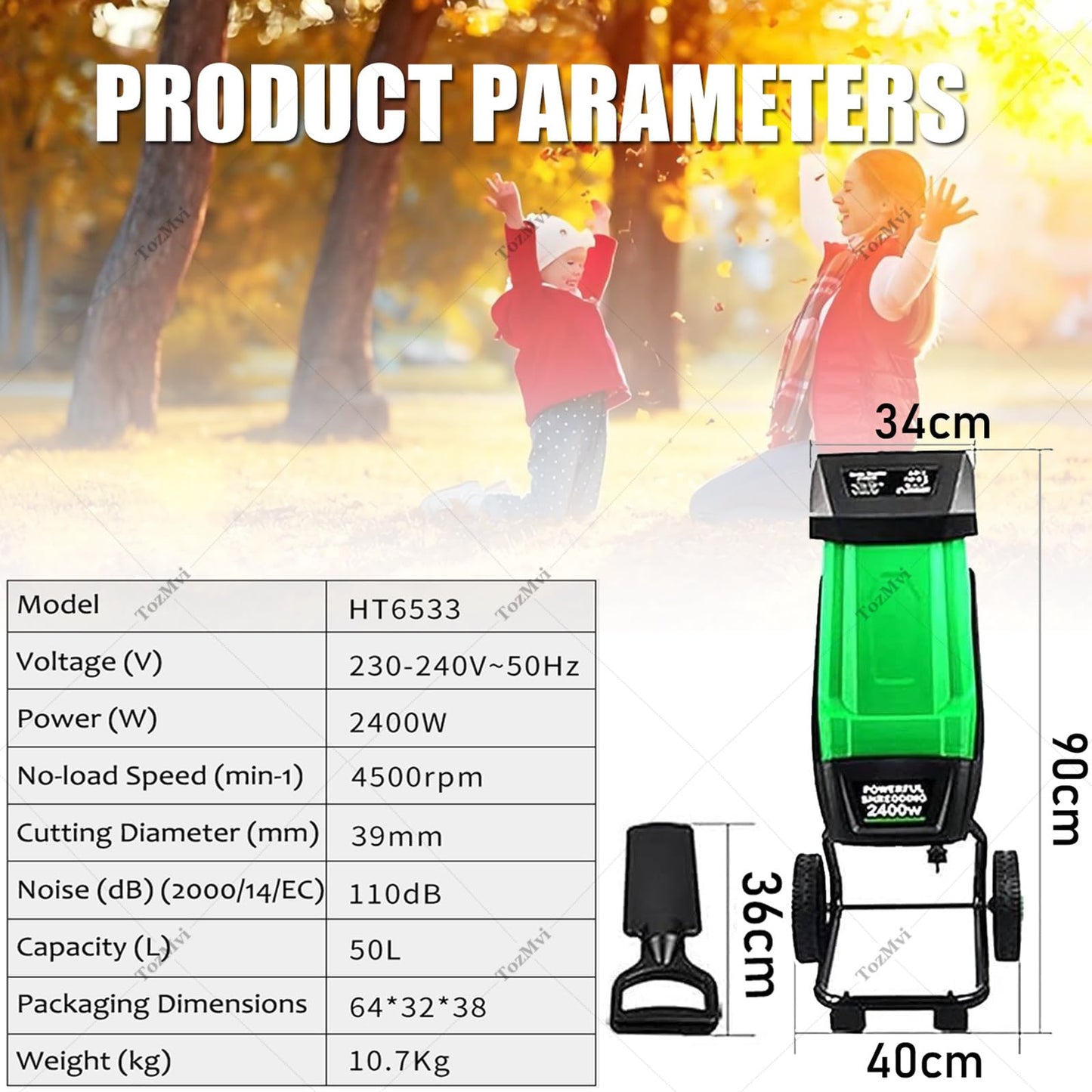 2400W Electric Wood Chipper & Shredder with Wheels, Efficient Leaf Mulcher for Yard Cleanup, 4500 RPM High-Power Garden Waste Shredding Machine, 50L Collection Bag Included
