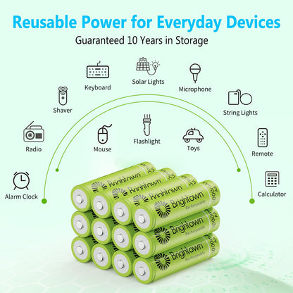 Brightown 12-Pack Rechargeable AA Batteries - 1000mAh 1.2V NiMH High Capacity Batteries - Ideal for Solar Lights & Home Devices, Recharge up to 1000x Times, Pre-Charged