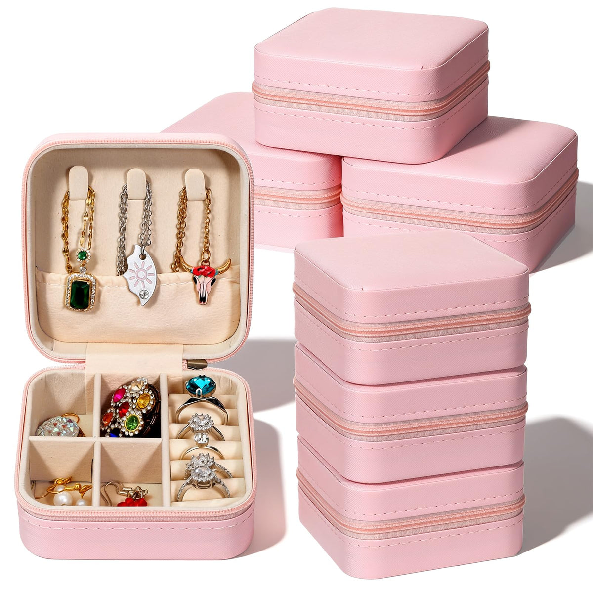 Douaowoc 10 Pack Travel Jewelry Box Mini Jewelry Case Bridesmaid Gifts Jewelrys Box, PU Leather Small Jewelrys Case Organizer Storage for Rings Earrings Necklaces, Beauty Gifts for Women Girls (Pink)