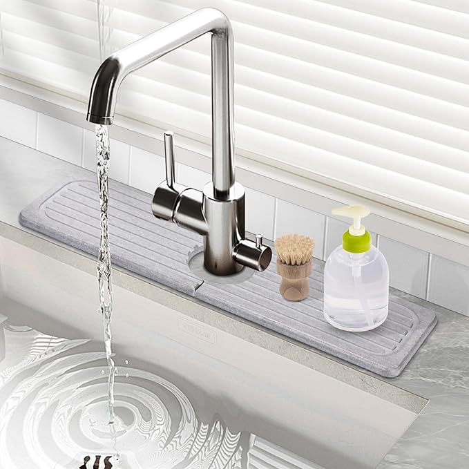 Stone Faucet Mat for Kitchen Sink, 15.7" Diatomite Drying Stone Kitchen Sink