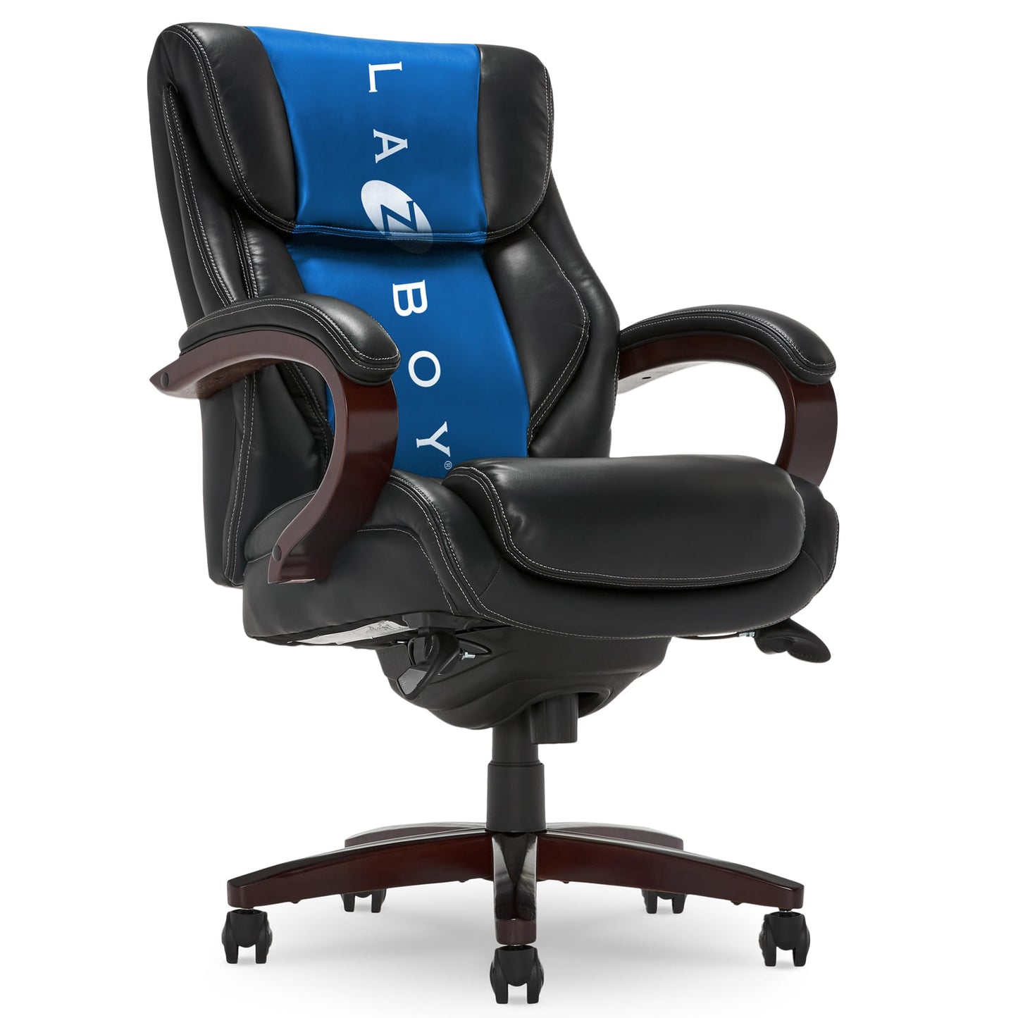 La-Z-Boy® Bellamy Executive Office Chair with Memory Foam Cushions, Real Wood Arms and Swivel Base, Waterfall Seat Edge, Faux Bonded Leather, Black