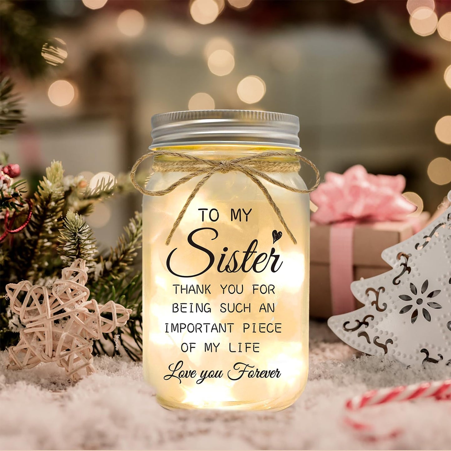 YOISTREVISK Sister Gifts - Mason Jar Night Lights with Warm Lights for Sisters, Unique Mothers Day Gifts for Sister Gift Ideas for Birthday Christmas Valentines Day, Heartfelt Home Decor Gift