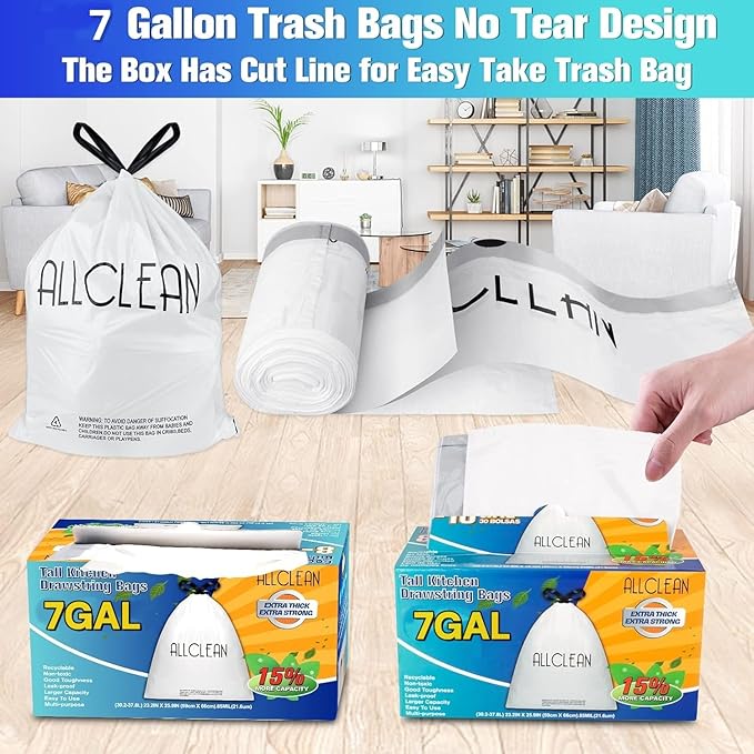 Trash Bags 7 Gallon Medium Kitchen Drawstring Bathroom Garbage Bags, Fit 7 Gal