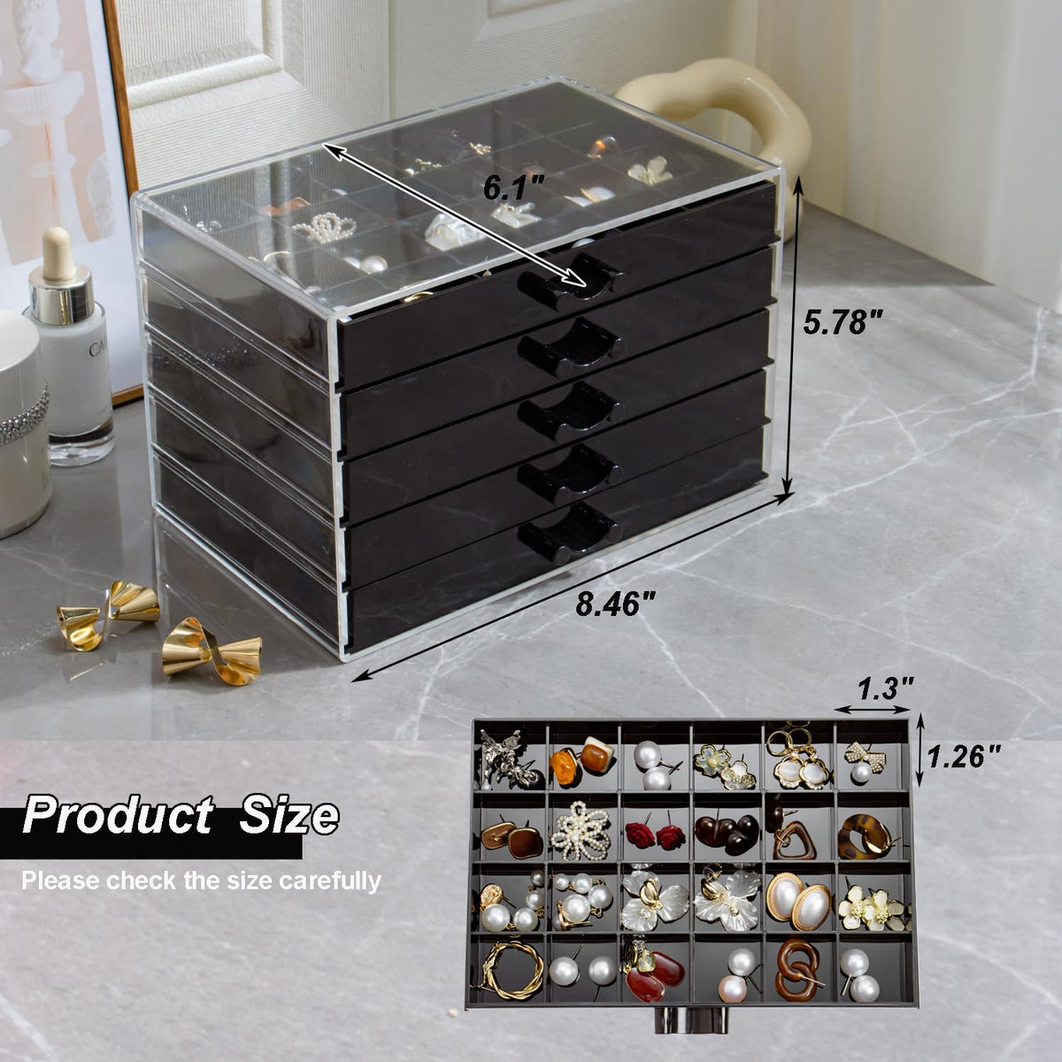 YUFONG Earring Storage Box Organizer, Acrylic Jewelry Storage Box Holder 5 Drawers Transparent Jewelry Display Stand with 120 Small Compartments Gift Boxes for Women Girls (Black)