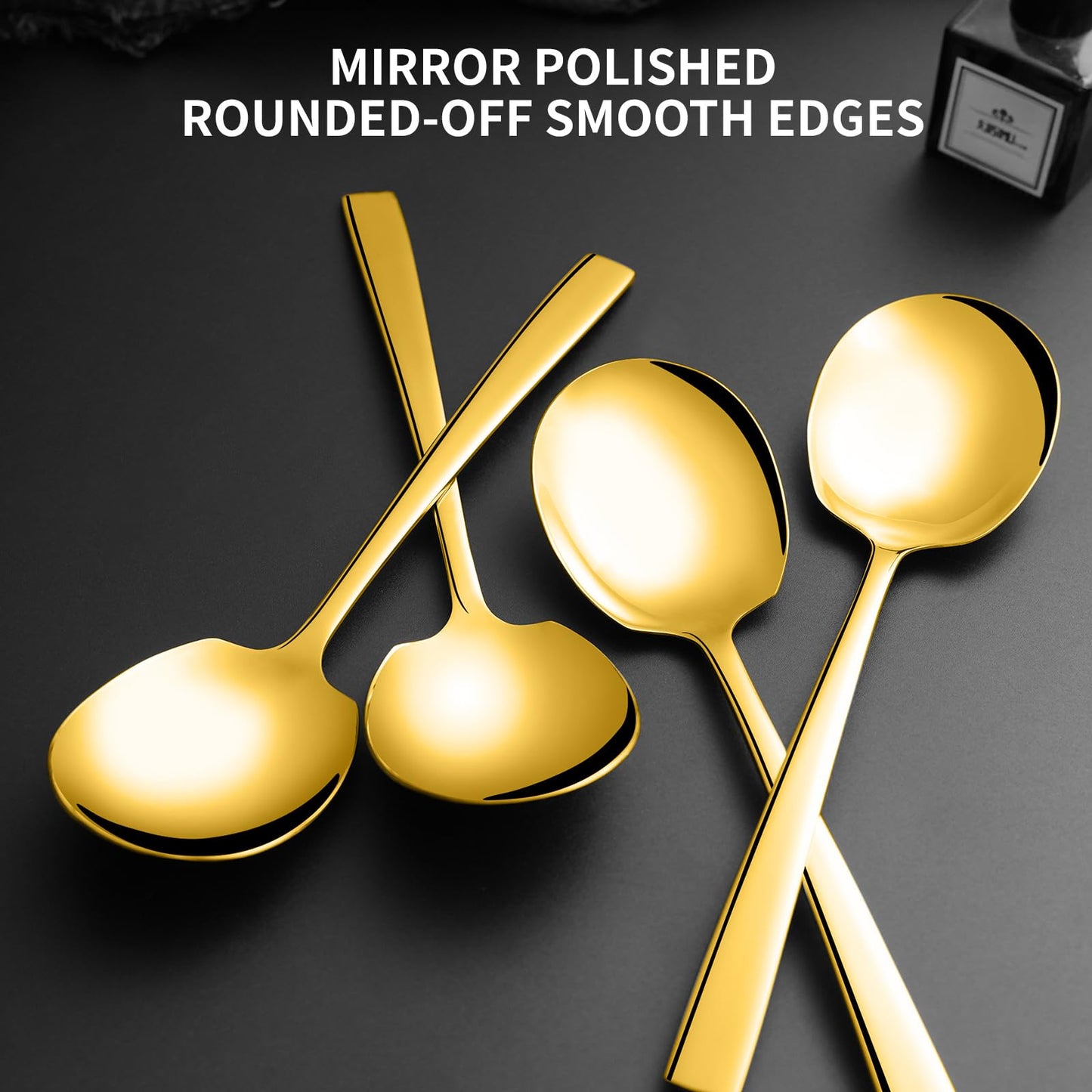Keyoxy 8 Piece Stainless Steel Serving Spoons Set - 8 Large Spoons, 9.2-Inch, Dishwasher Safe, for Parties/Kitchen/Buffet/Catering,Gold