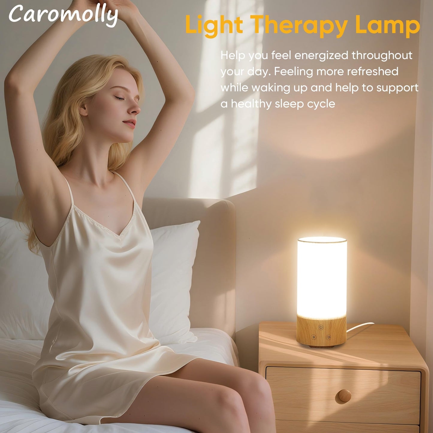 Caromolly Light Therapy Lamp, Happy Lamp 10,000 LUX UV Free with 3 Color Temperature & 5 Brightness Level, Full Spectrum Light Wood Base Round Flaxen Fabric Shade for Home, Office, 4" × 8.4”