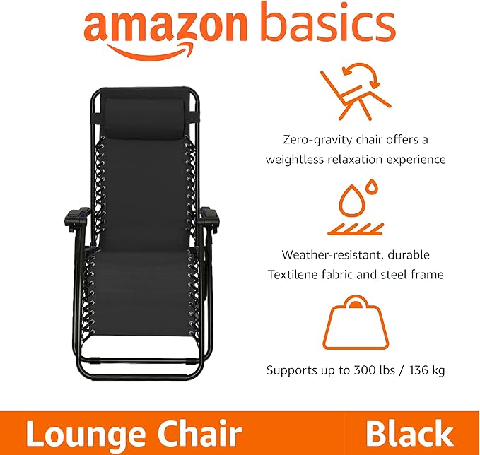 Amazon Basics Outdoor Patio Zero Gravity Portable Folding Reclining Lounge Chair with Padded Headrest Pillow, Weather Resistant Textilene, 26", Black