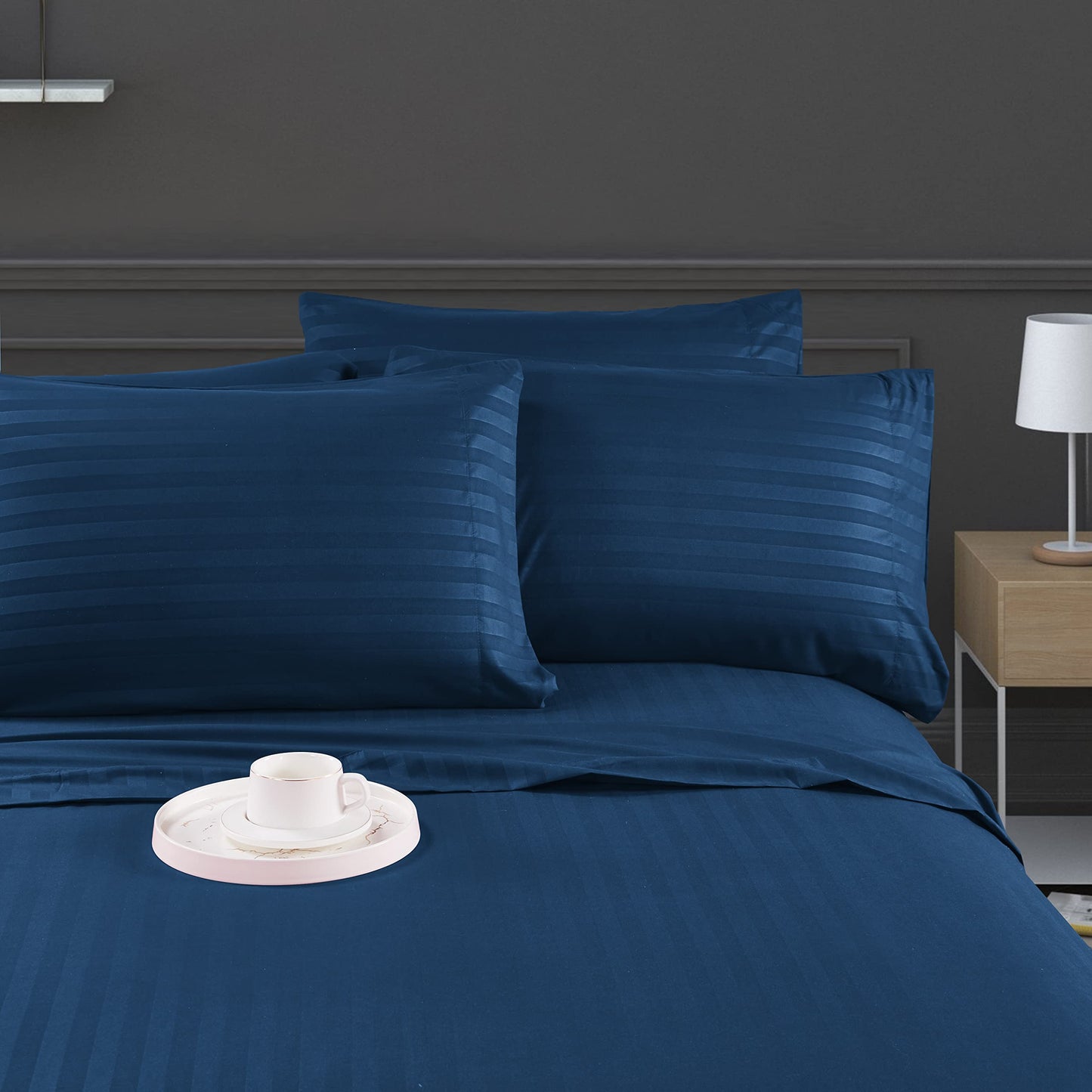 Mocassi Queen Stripe Sheet Set - Luxury Hotel 1800 Premier Bedding Sheets & Pillowcases - Ultra Soft Breathable & Cooling Bed Sheets - Wrinkle Resistant - 6 Piece Set - Queen, Navy Blue