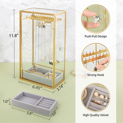 Glass Necklace Organizer Holder, Jewelry Organizer Necklace Holder with Hanging Hooks, Glass Necklaces Display Case for Storage Rings Earrings