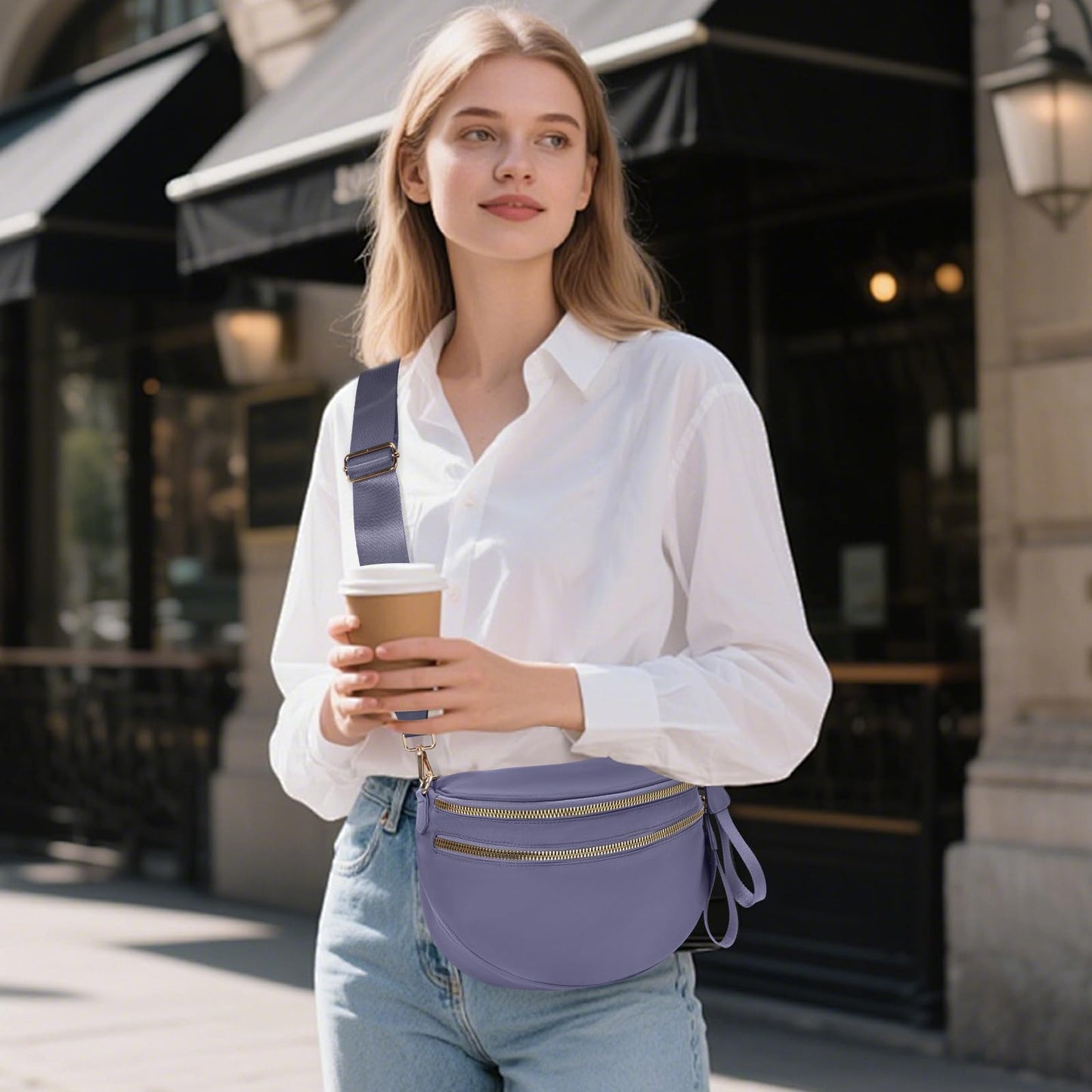Nylon Crossbody Bags Bum Bag for Women Large Sling Bag Purse with Adjustable Strap（Black）