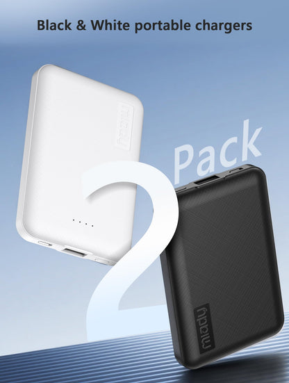 Miady 2-Pack 5000mAh Mini Portable Charger, 5V 2.4A USB-C Output Fast Charging Power Bank for Travel Small Battery Pack Compatible with iPhone 17/16/15 Galaxy S24/S22 iPad Android etc (White+Black)