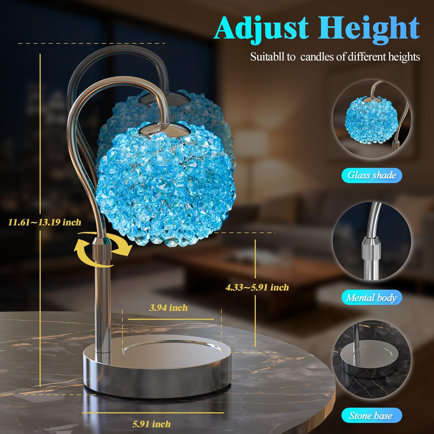 VXUNLIOR Luxury Candle Warmer Lamp with Timer & Dimmable Brightness, Crystal Gemstone Shade & Premium Base - Adjustable Wax Melt Warmer for Home Decor(Blue)