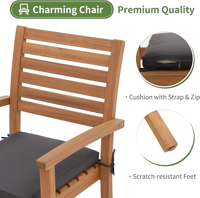 OC Orange-Casual Stackable Patio Dining Chairs Set of 4, Outdoor Acacia Wooden Chairs w/Armrest & Removeable Fabric Cushion, for Porch, Backyard, Garden, Indoor, Dark Grey