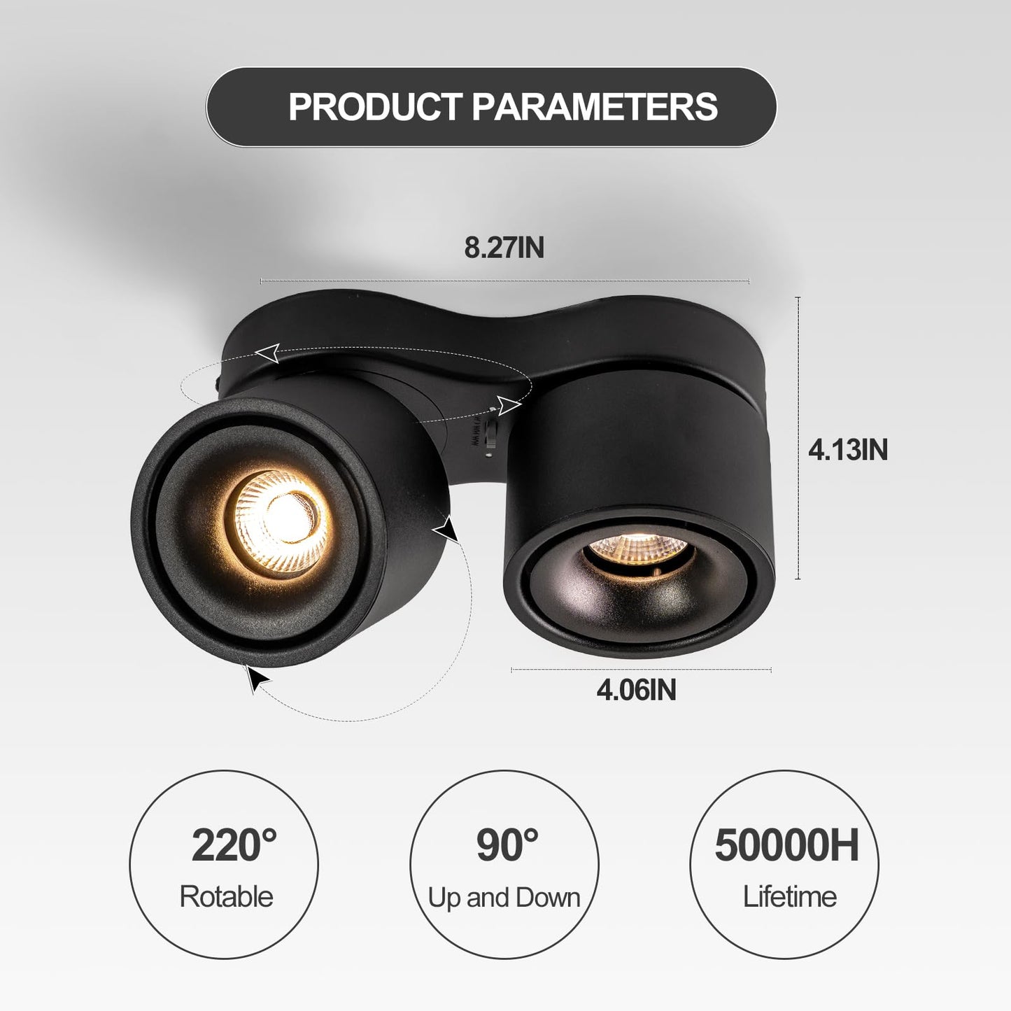 HITOO Ceiling spot Lights Indoor, Ceiling Accent Lights 3000-6000K Selectable, 20W Dual Head LED Spot Lights, CRI 98, 220° Directional, Black Ceiling Spotlight for Kitchen, Plant, Living Room