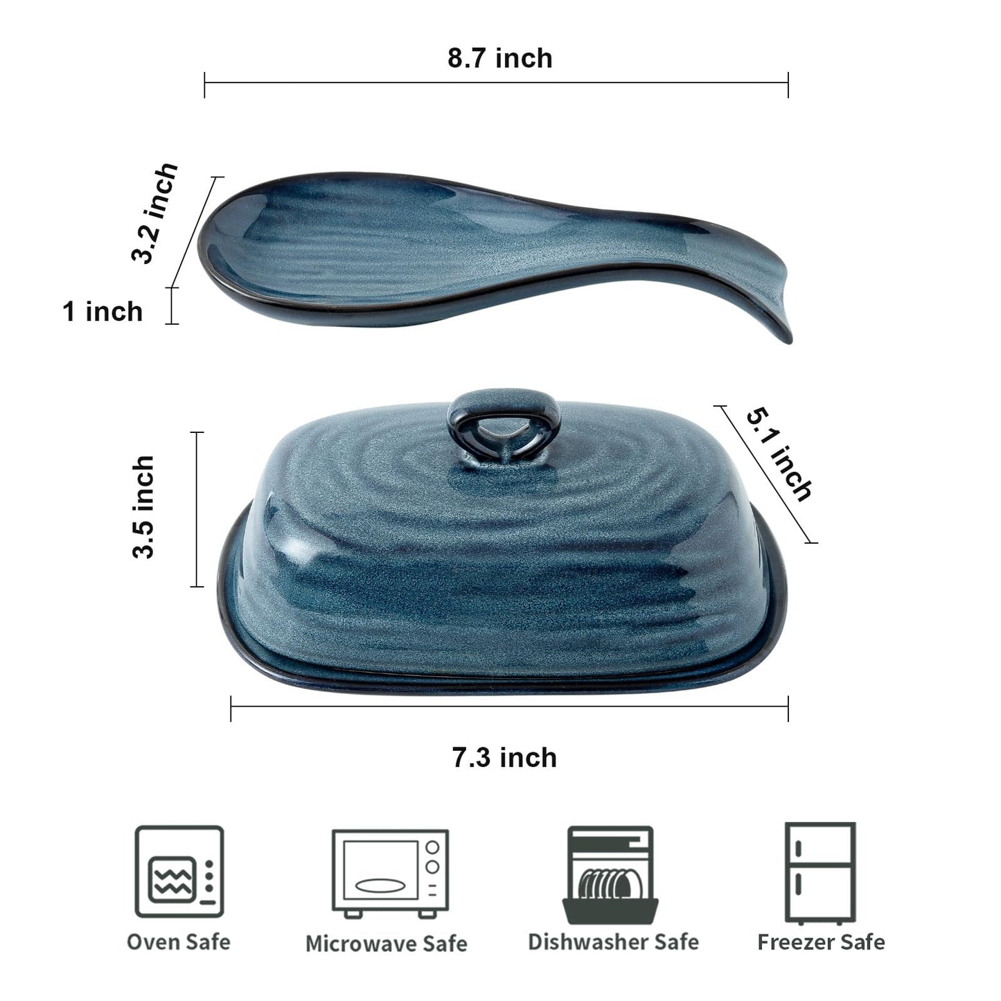 Hasense Butter Dish with Lid and Ceramic Spoon Rest Set for Countertop, 2 Pieces Navy Reactive Glaze Dinnerware Accessories Set Perfect for Home Decor, Kitchen Housewarming Gift, 8.7 Inch