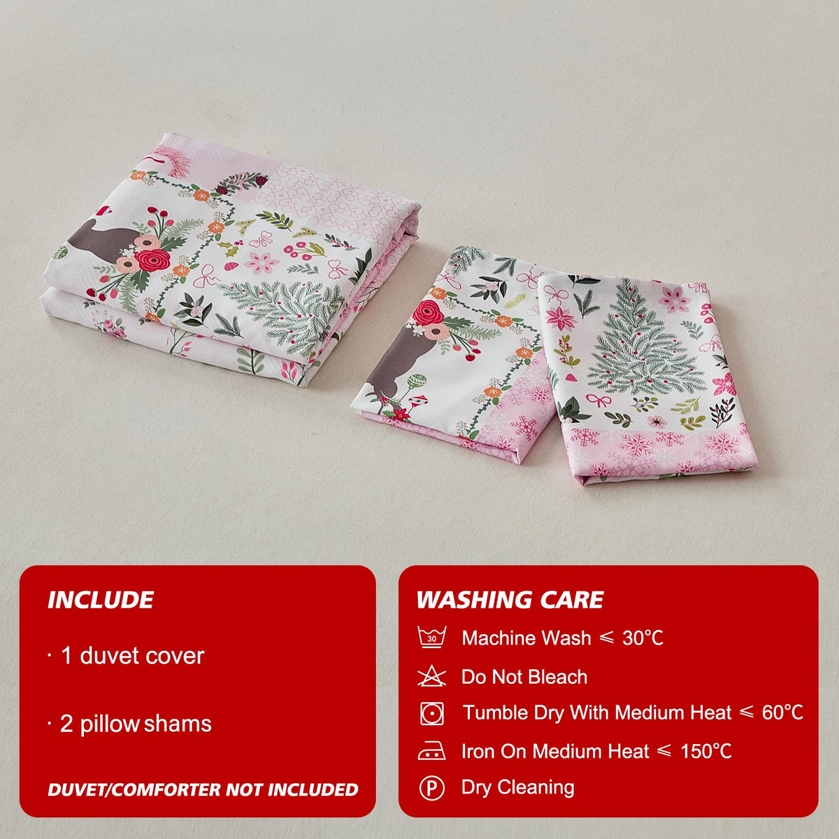 Joyreap 3pcs Christmas Duvet Cover Set King, Pink n White Xmas Patchwork Design Comforter Cover Set, Includes 1 Duvet Cover and 2 Pillow Shams