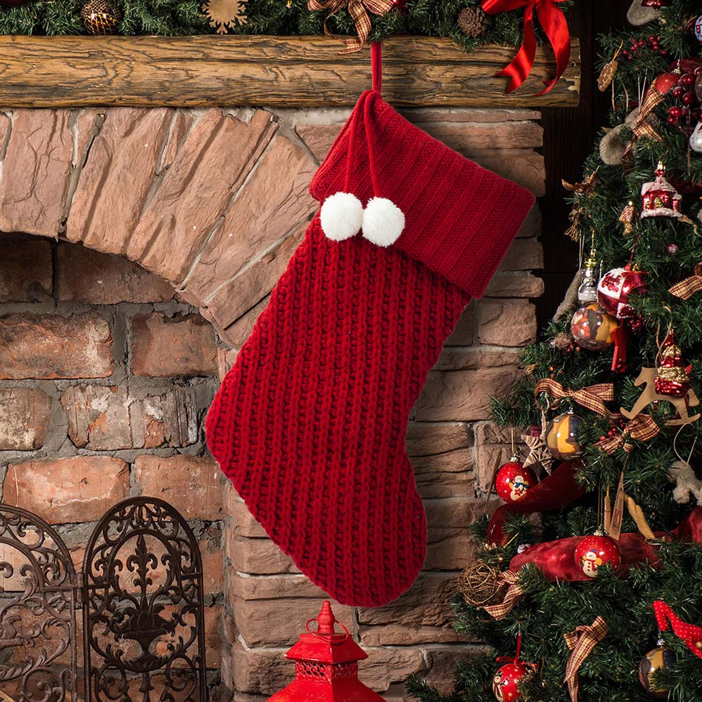 S-DEAL Red Knitted Christmas Stocking 21 Inches Mantel Decoration Double Layers with Pompom Gift Holder for Party Family Holiday Xmas