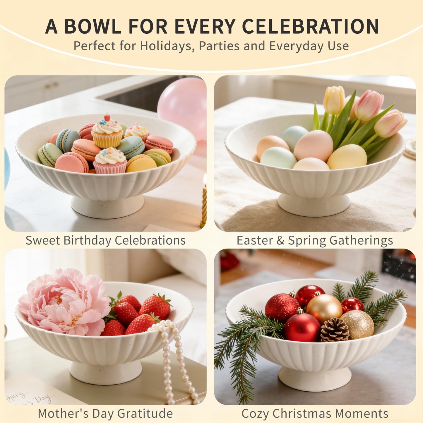 Afadorable 10 Inch Handmade Large Matte White Fluted Ceramic Pedestal Bowl, Decorative Fruit Bowl with Sandstone Speckles – Modern Farmhouse Centerpiece for Kitchen Counter, Entryway & Dining Table