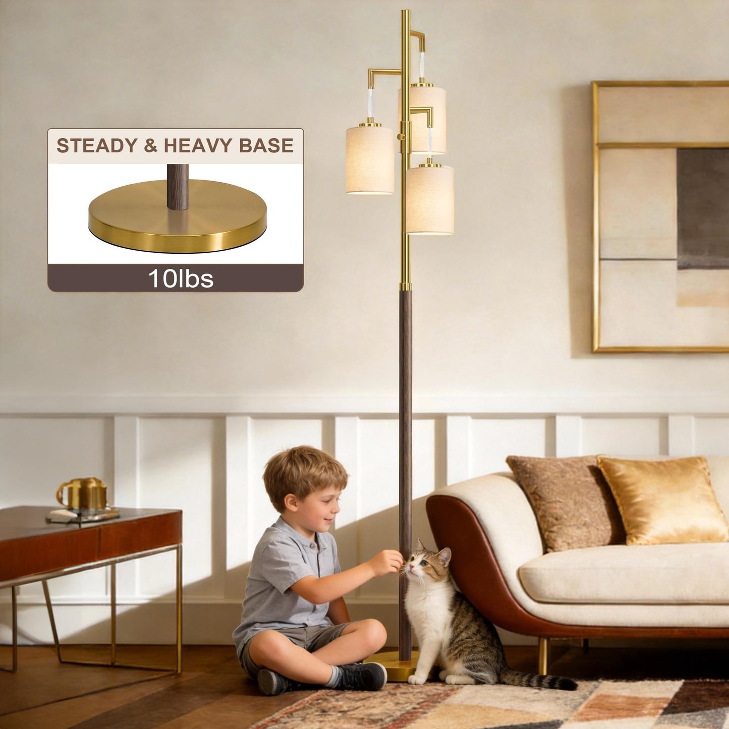 G-SAFAVA 70" Dimmable Floor Lamp Wood Floor Lamps for Living Room Bedroom Mid Century Modern Floor Lamp Gold Standing Lamp Tall Lamps for Office Nursery Reading Elegant Stand Up Lamp, 3 Bulbs Included