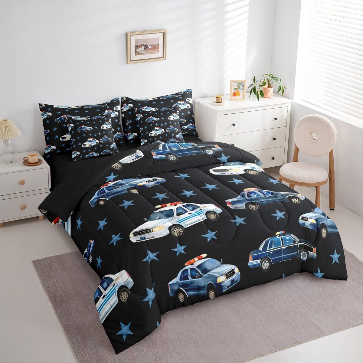 Erosebridal Police Car 7 Pieces Bedding Set Twin for Boys, Cartoon Car Comforter Set with Sheets for Kids Teens Youth Men Bedroom, Policeman Vehicle Bed in A Bag, Star Black Bed Sets, Microfiber