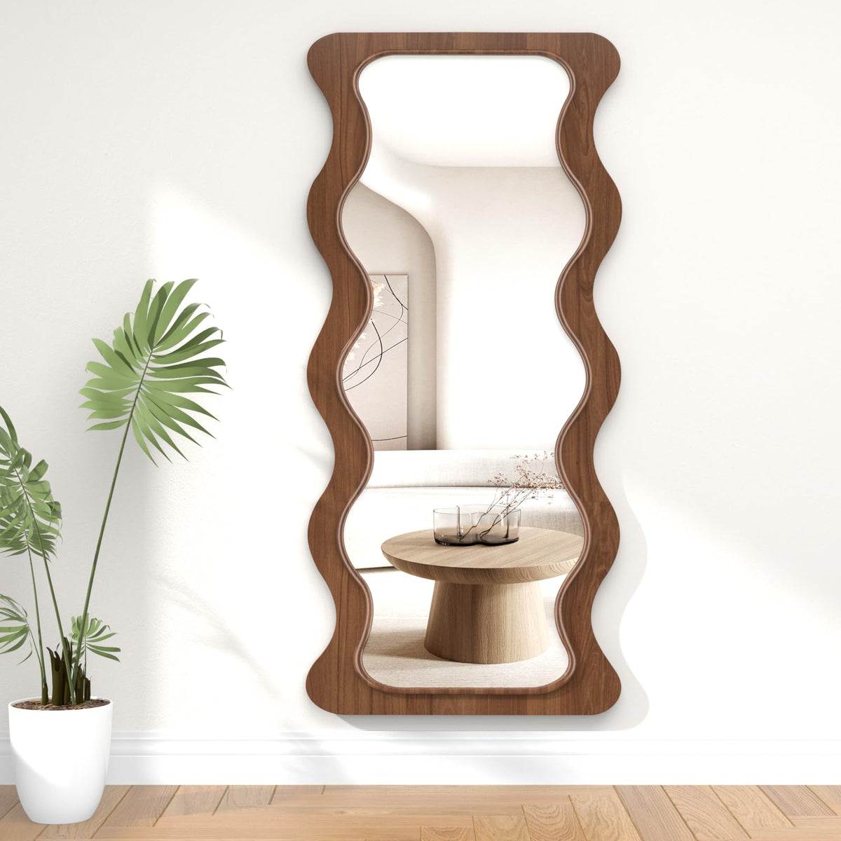 OUSIMY 65" x 24" Wavy Full Length Mirror Wood Framed, Hanging or Leaning for Bedroom Dressing Living Room