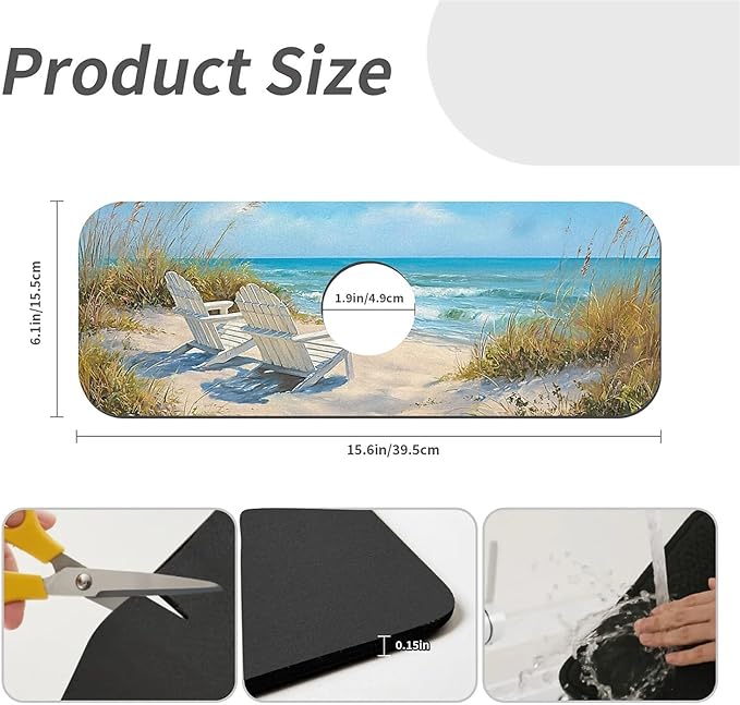 Kitchen Sink Splash Guard，Beach-scene Faucet Mat Sink Gadgets-Super Absorbent